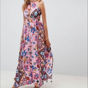 ASOS DESIGN rope trim cut out paisley print plunge beach maxi